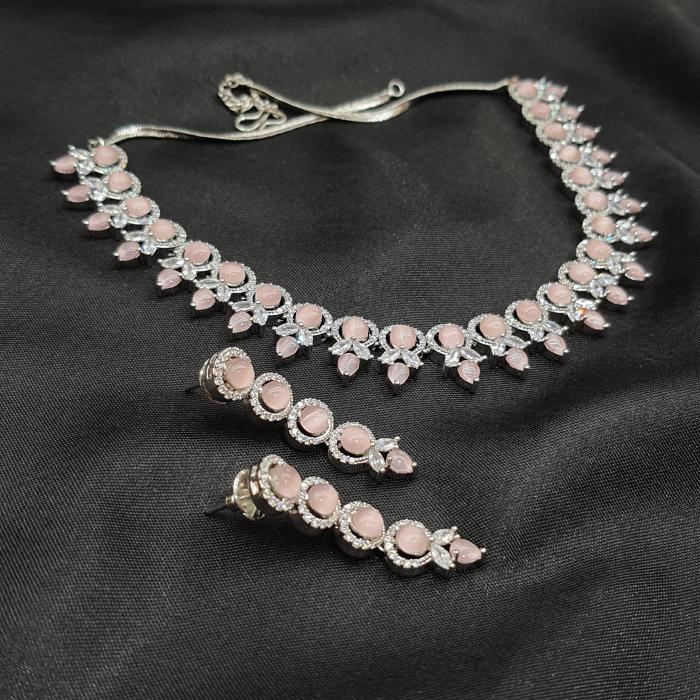 AD Necklace Set 12 Pink Silver