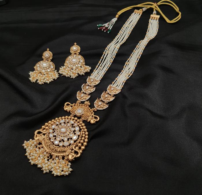 Kundan Long Necklace Set 8 Pearl Gold