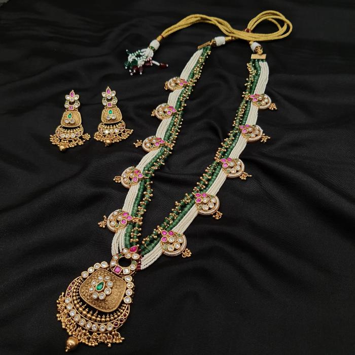 Kundan Long Necklace Set 9 Multi Gold