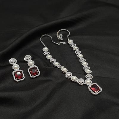 AD Pearl Necklace Set 1 Ruby Silver