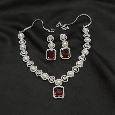 AD Pearl Necklace Set 1 Ruby Silver