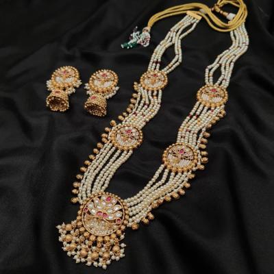 Kundan Long Necklace Set 6 Ruby Pearl Gold