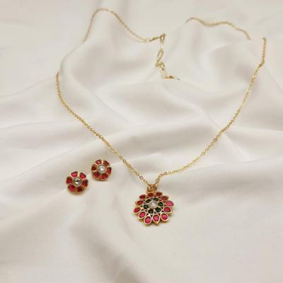 Jadau Kundan Pendant Set - JKNPS 1 Ruby Green Gold