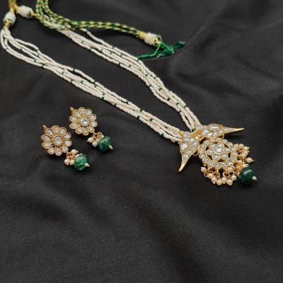 Kundan Pendant Set with Emerald Mala - 3 Gold Emerald