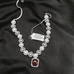 AD Pearl Necklace Set 1 Ruby Silver