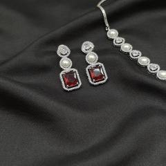 AD Pearl Necklace Set 1 Ruby Silver