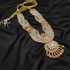 Kundan Long Necklace Set 5 Pearl Gold