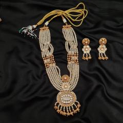 Kundan Long Necklace Set 5 Pearl Gold