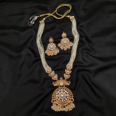 Kundan Long Necklace Set 8 Pearl Gold