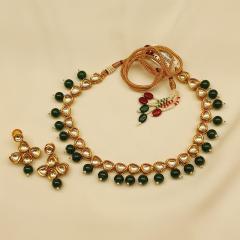 Kundan Necklace Set 3 Green Gold